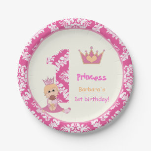 Little princess girls 1st birthday hot pink damask paper plate