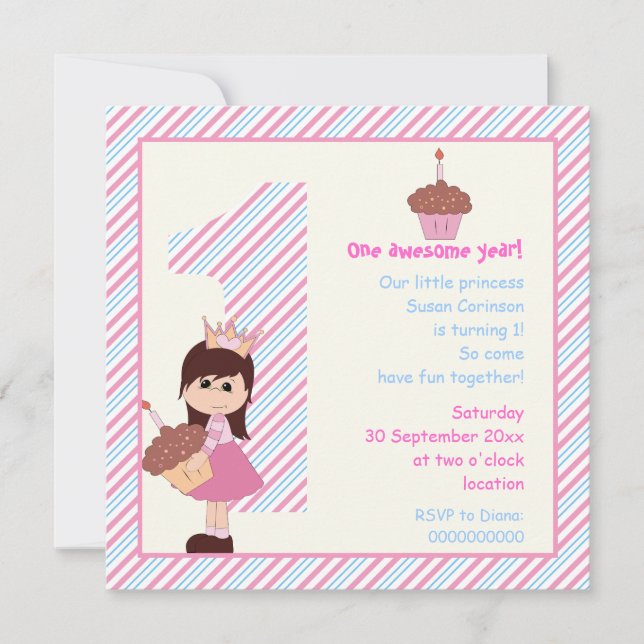 Little princess girls 1st birthday pink blue invitation (Front)