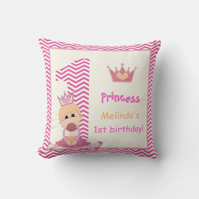 Little princess, girls 1st birthday pink chevron cushion (Front)