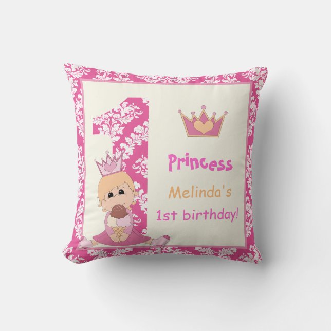 Little princess, girls 1st birthday pink damask cushion (Front)