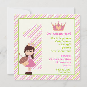 Little princess girls 1st birthday pink green invitation