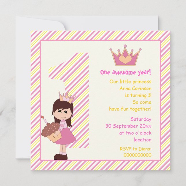 Little princess girls 1st birthday pink yellow invitation (Front)