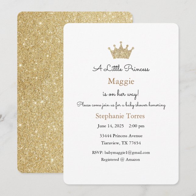Little Princess Invitation, Gold Invitation (Front/Back)