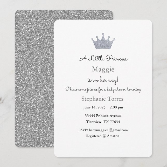 Little Princess Invitation, Silver Invitation (Front/Back)