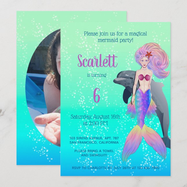Little Princess Mermaid Bubbles Birthday Photo Invitation (Front/Back)