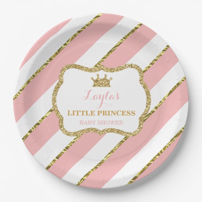 Little Princess Paper Plate, Pink, Gold Glitter Paper Plate (Front)