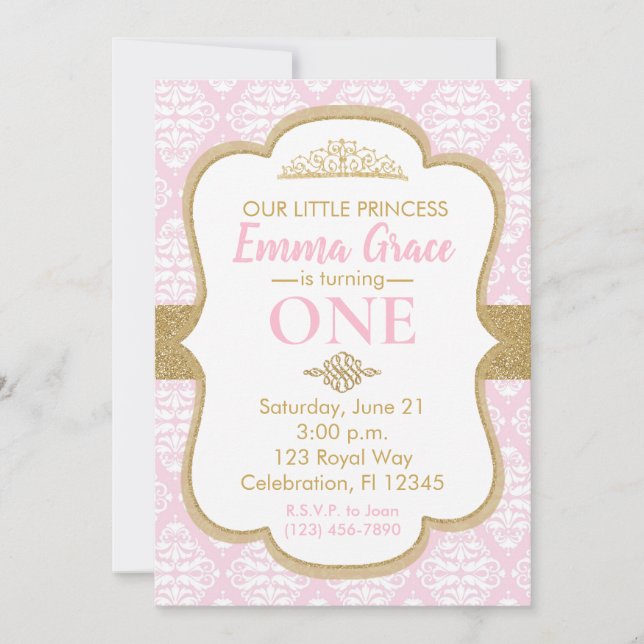Little Princess Pink and Gold First Birthday Invitation (Front)