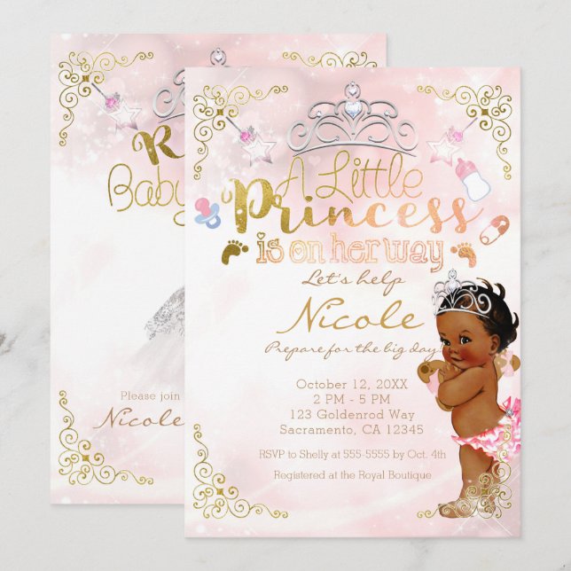 Little Princess Pink Ethnic Dark Baby Girl Shower Invitation (Front/Back)