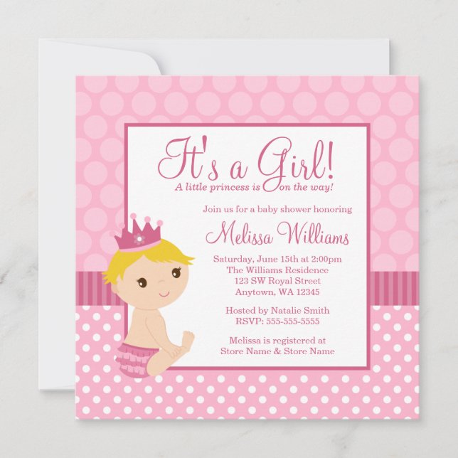 Little Princess Pink Polka Dot Girl Baby Shower Invitation (Front)