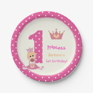 Little princess pink polka dot girls 1st birthday paper plate