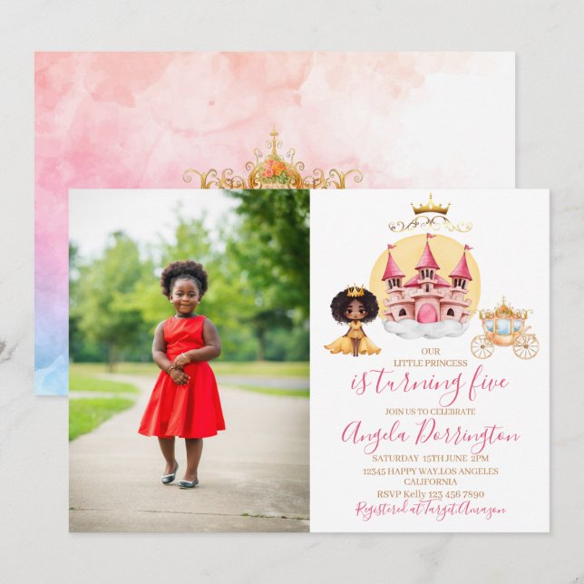 Little princess royal celebration 5 watercolor invitation (Front/Back)