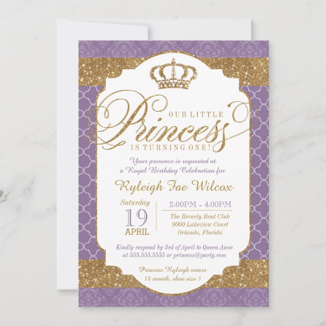 Little Princess Royal Purple and Gold Birthday Invitation (Front)