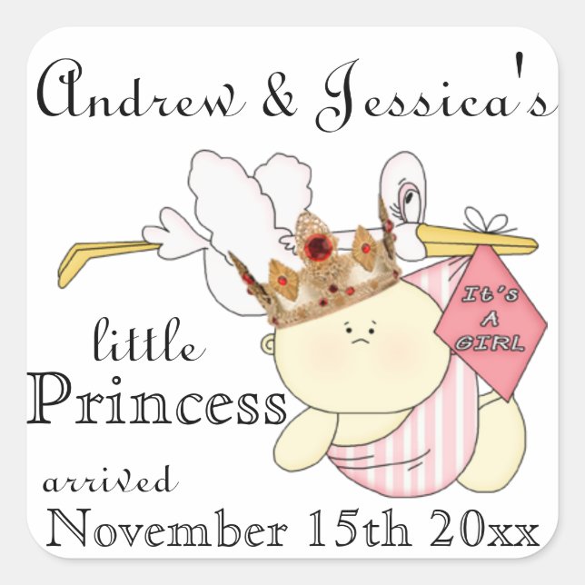Little Princess-Stork/Baby-Customise Names/Dates Square Sticker (Front)