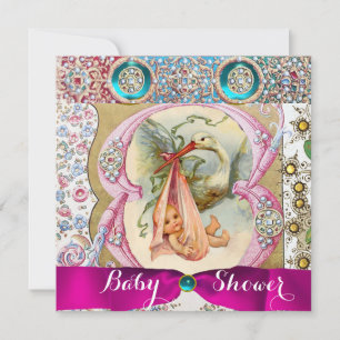 LITTLE PRINCESS STORK BABY SHOWER,FLORAL GEMSTONES INVITATION