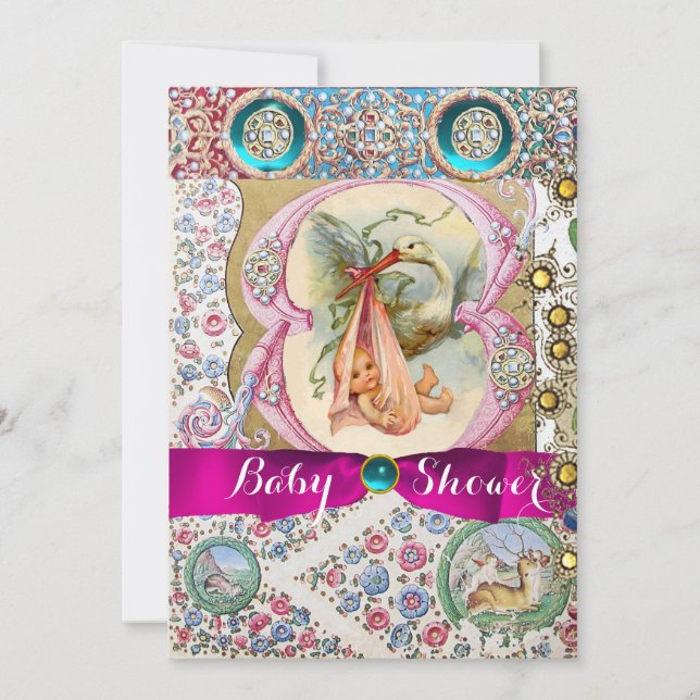 LITTLE PRINCESS STORK BABY SHOWER,FLORAL GEMSTONES INVITATION (Front)