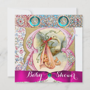 LITTLE PRINCESS STORK BABY SHOWER,FLORAL GEMSTONES INVITATION