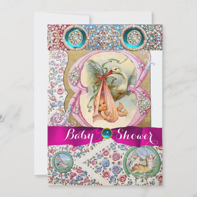 LITTLE PRINCESS STORK BABY SHOWER,FLORAL GEMSTONES INVITATION (Front)