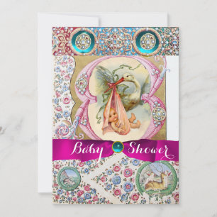 LITTLE PRINCESS STORK BABY SHOWER,FLORAL GEMSTONES INVITATION