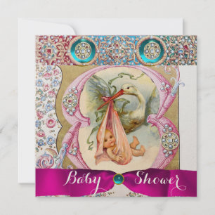 LITTLE PRINCESS STORK BABY SHOWER,FLORAL GEMSTONES INVITATION