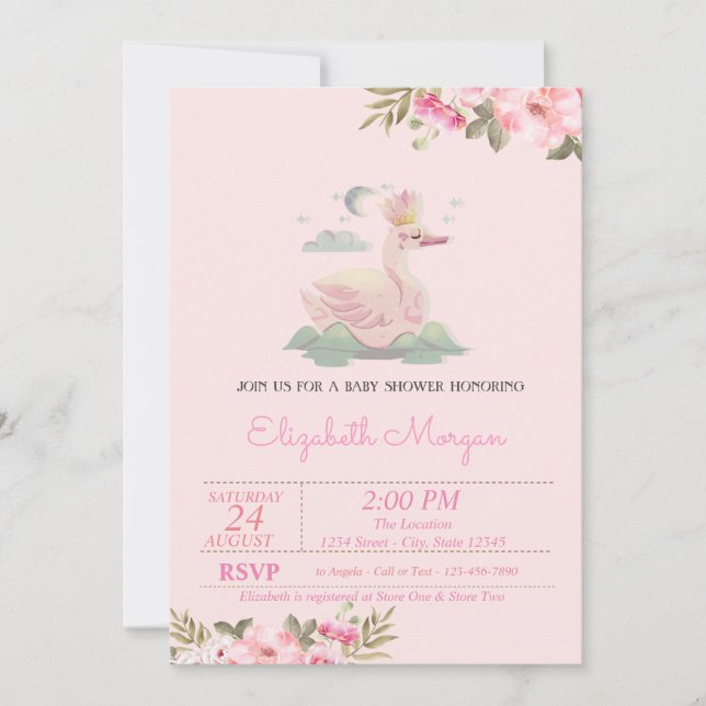 Little Princess, Swan,Crown,Floral Baby Shower Invitation (Front)