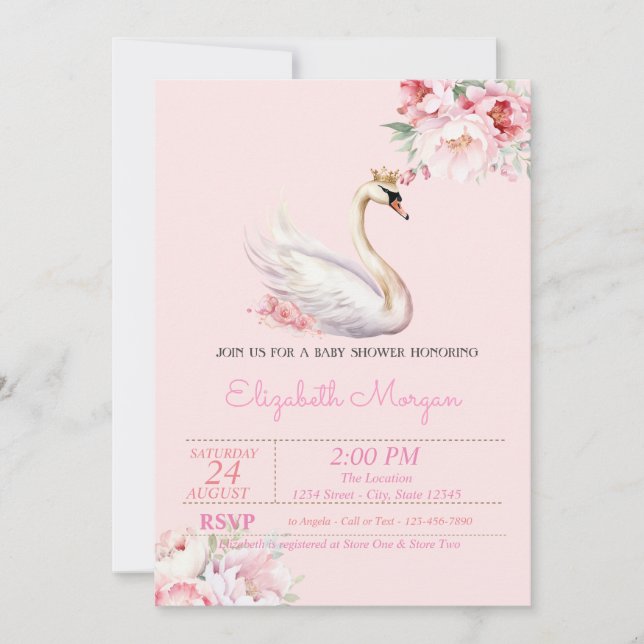Little Princess, Swan Crown, Floral Baby Shower Invitation (Front)