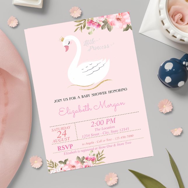 Little Princess, Swan, Floral Baby Shower Invitation (Creator Uploaded)