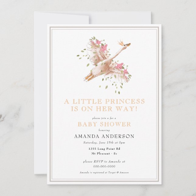 Little Princess Swan Floral Girl Pink Baby Shower Invitation (Front)