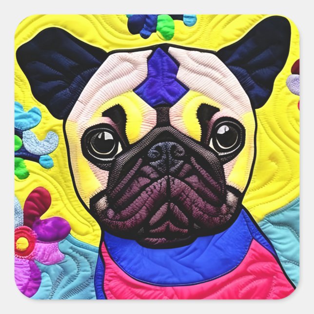 Little Pug Puppy Quilt Like Design Square Sticker (Front)