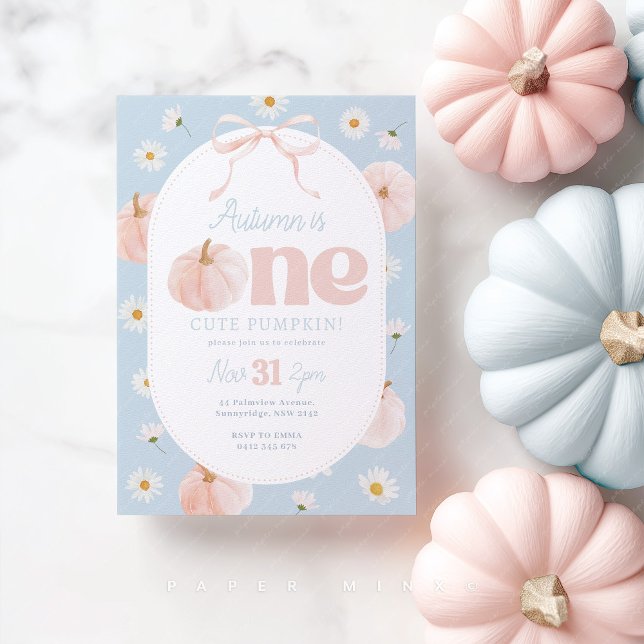 Little Pumpkin 1st Birthday Daisies Blue Pink Bow Invitation (Blue and Pink 1st Birthday Invitation. One cute pumpkin theme with daisies, pumpkins and pink bow. )
