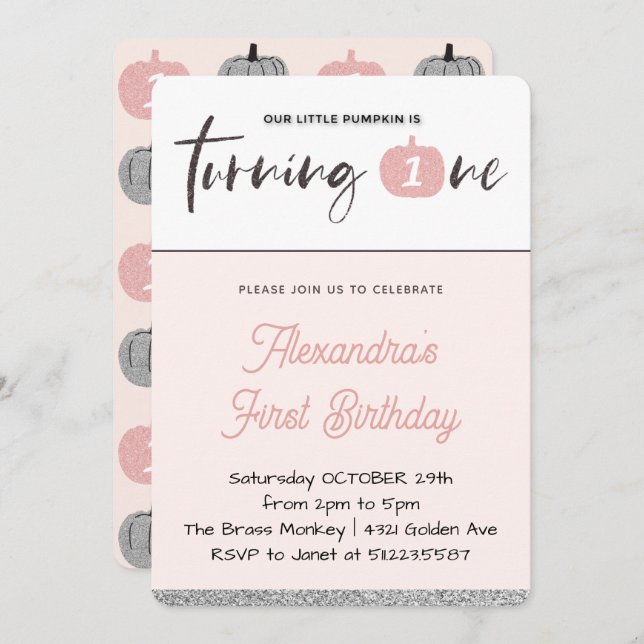 Little Pumpkin 1st Birthday Invitation Turning one (Front/Back)