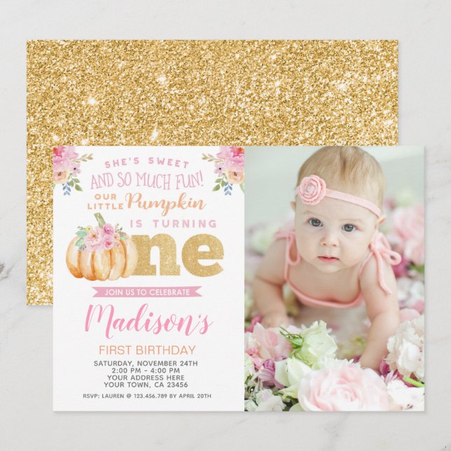 Little Pumpkin 1st Birthday Invitation with Photo (Front/Back)