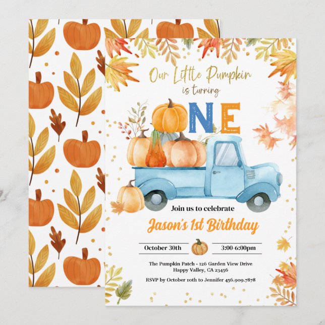 Little Pumpkin 1st Birthday Party Boy Blue Truck Invitation (Front/Back)