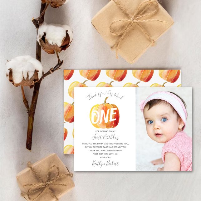 Little Pumpkin 1st Birthday Photo Thank You Card (Creator Uploaded)