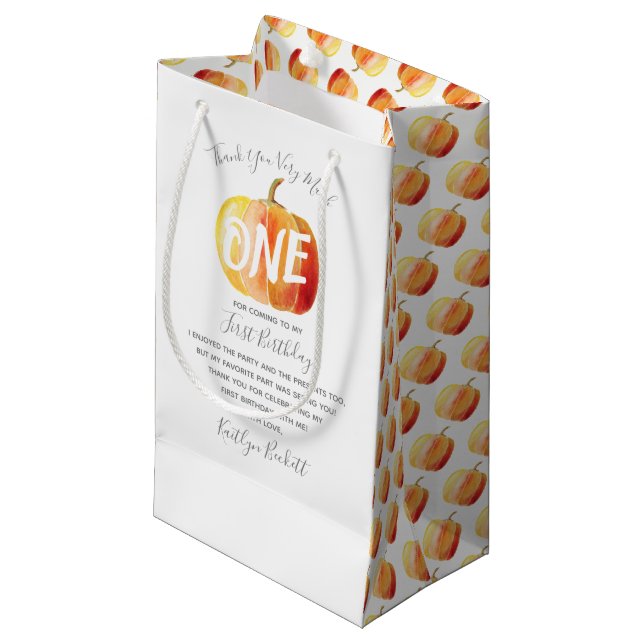Little Pumpkin 1st Birthday Thank You Small Gift Bag (Front Angled)