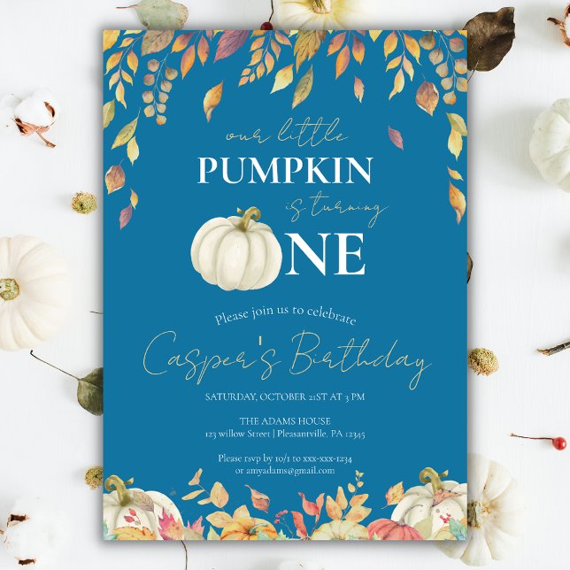 Little Pumpkin 1st Birthday Watercolor Fall Blue Invitation (Creator Uploaded)
