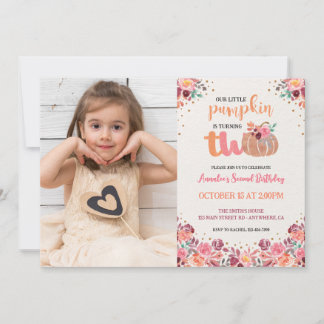 Little Pumpkin 2nd Birthday Boho Floral Photo Invitation