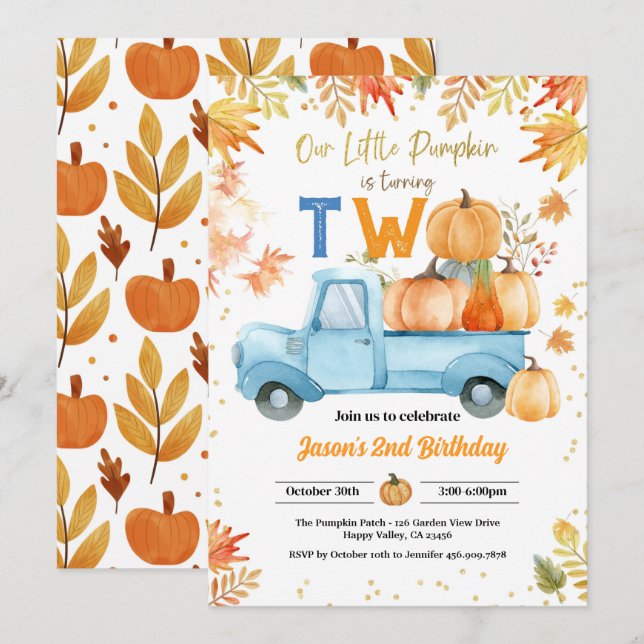 Little Pumpkin 2nd Birthday Party Boy Blue Truck Invitation (Front/Back)