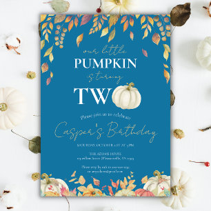 Little Pumpkin 2nd Birthday Watercolor Fall Blue Invitation