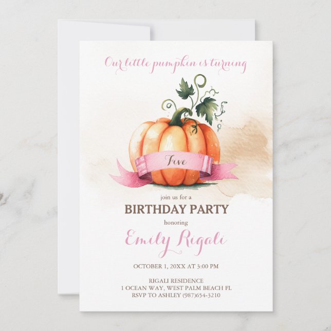 Little Pumpkin 5th Birthday Invitation Girl (Front)