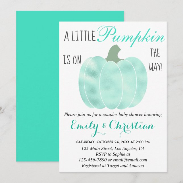 Little Pumpkin Aqua Turquoise Shimmer Baby Shower Invitation (Front/Back)