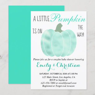 Little Pumpkin Aqua Turquoise Shimmer Baby Shower Invitation