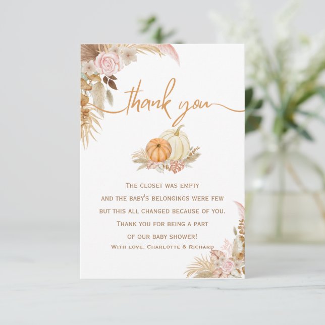Little Pumpkin Autumn Boho Fall Floral Baby Shower Thank You Card (Standing Front)