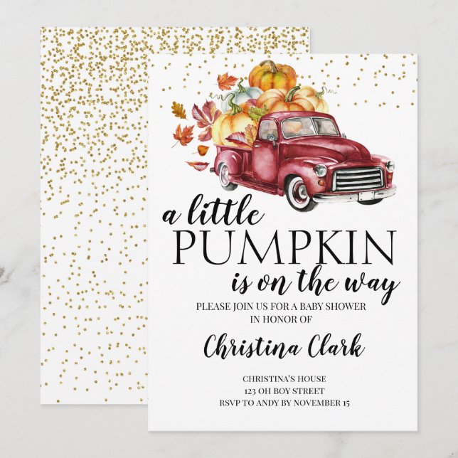 Little Pumpkin Autumn Cute Red Truck Baby Shower Invitation (Front/Back)