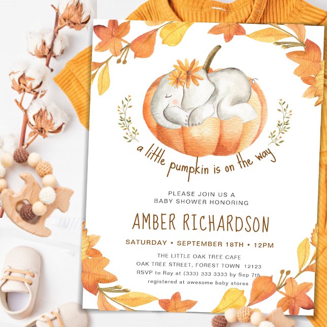 Little Pumpkin Autumn Elephant Girl Baby Shower Invitation (Creator Uploaded)