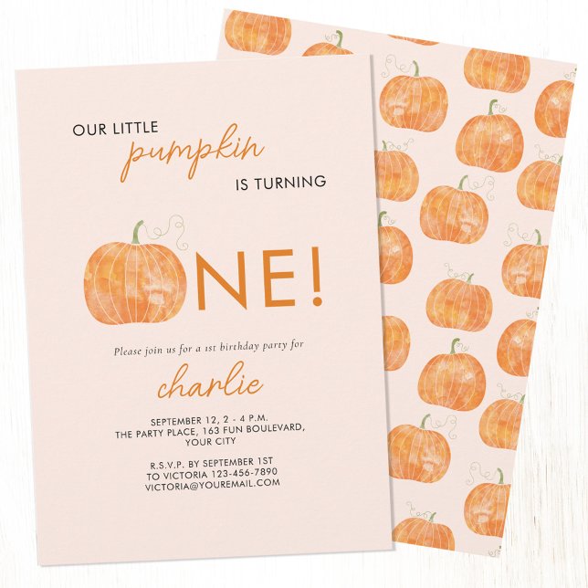 Little Pumpkin Autumn Fall First 1st Birthday Invitation (Pumpkin first 1st personalized autumn fall birthday party invitation)