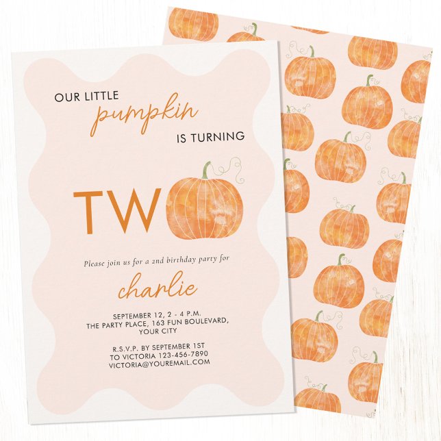 Little Pumpkin Autumn Fall Second 2nd Birthday Invitation (Our little pumpkin is turning two 2nd birthday autumn fall party invitation with custom text)