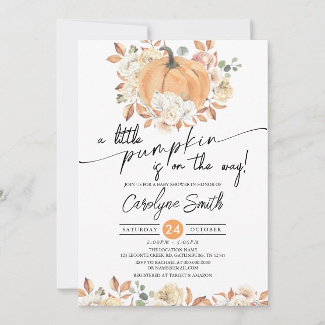 Little Pumpkin Autumn Floral Fall Baby Shower Invitation (Front)