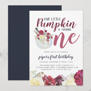 Little Pumpkin Autumn Floral First Birthday Party Invitation
