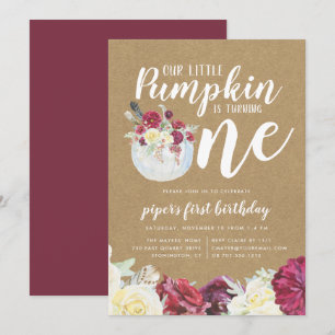 Little Pumpkin Autumn Floral First Birthday Party Invitation