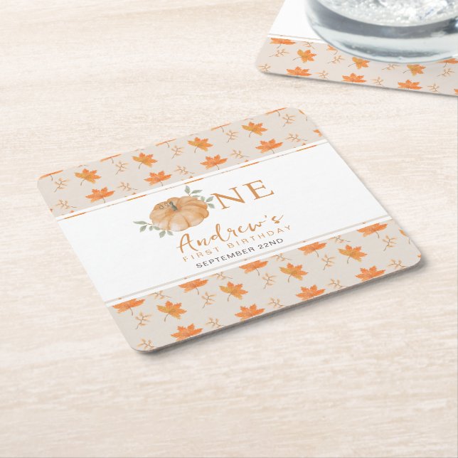 Little Pumpkin Autumn Pattern First 1st Birthday Square Paper Coaster (Angled)